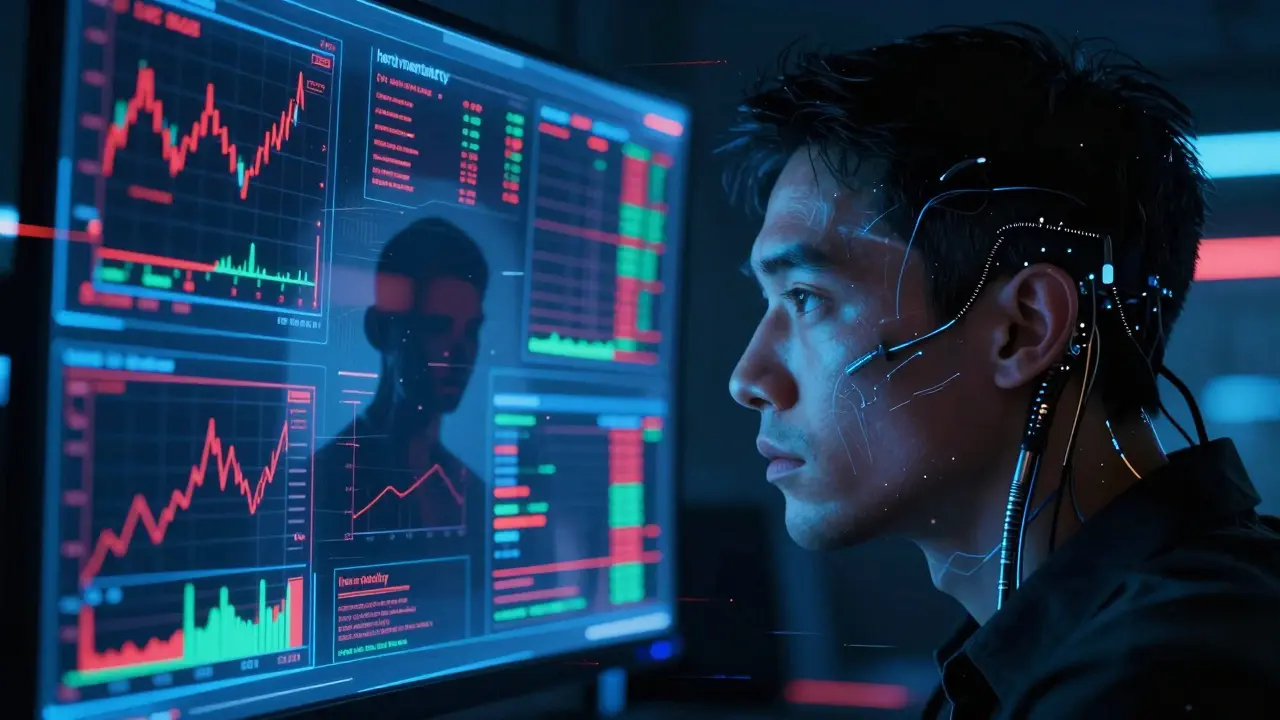 Trader facing holographic screens showing cognitive bias traps