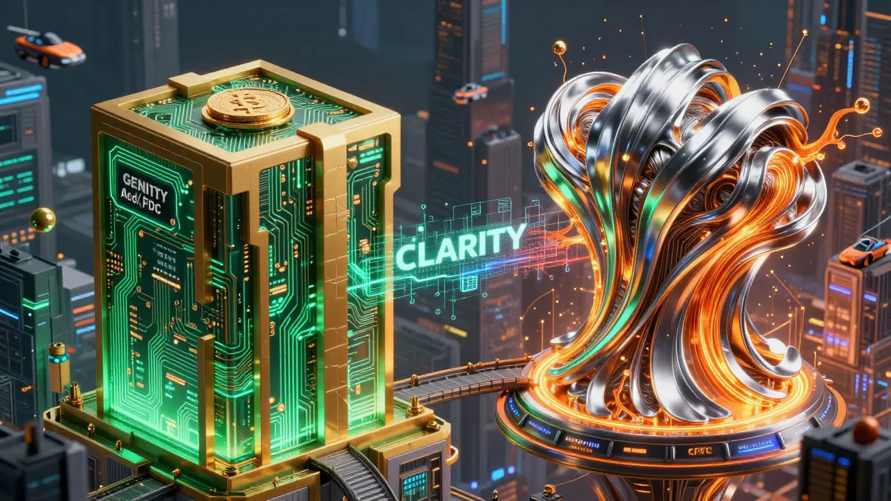 Two digital towers representing GENIUS and CLARITY Acts connected by a data bridge
