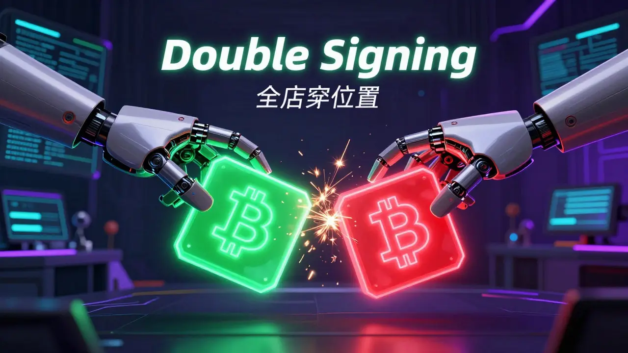 Two robotic hands signing conflicting blockchain blocks causing digital sparks