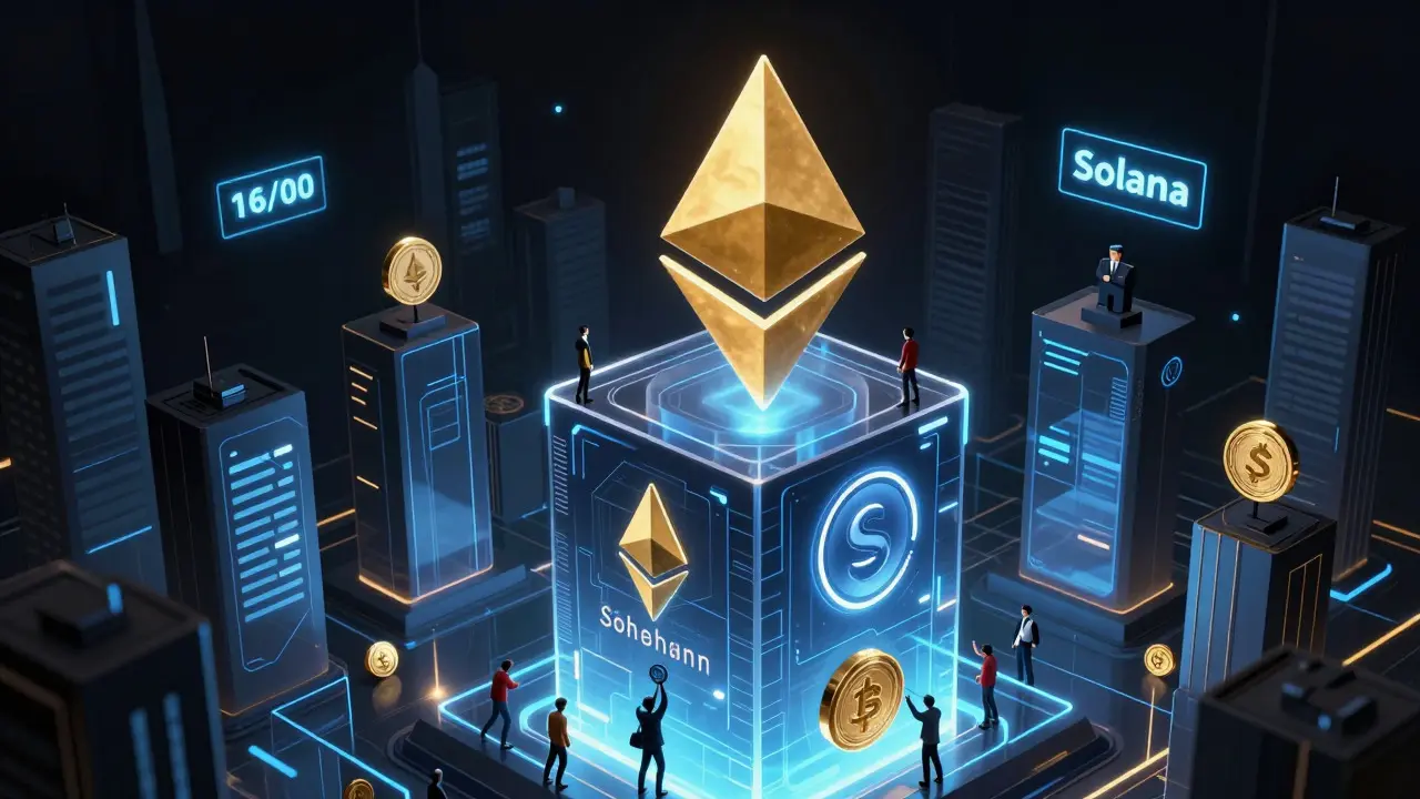 Abstract cyberpunk art showing towering token structures and small validators