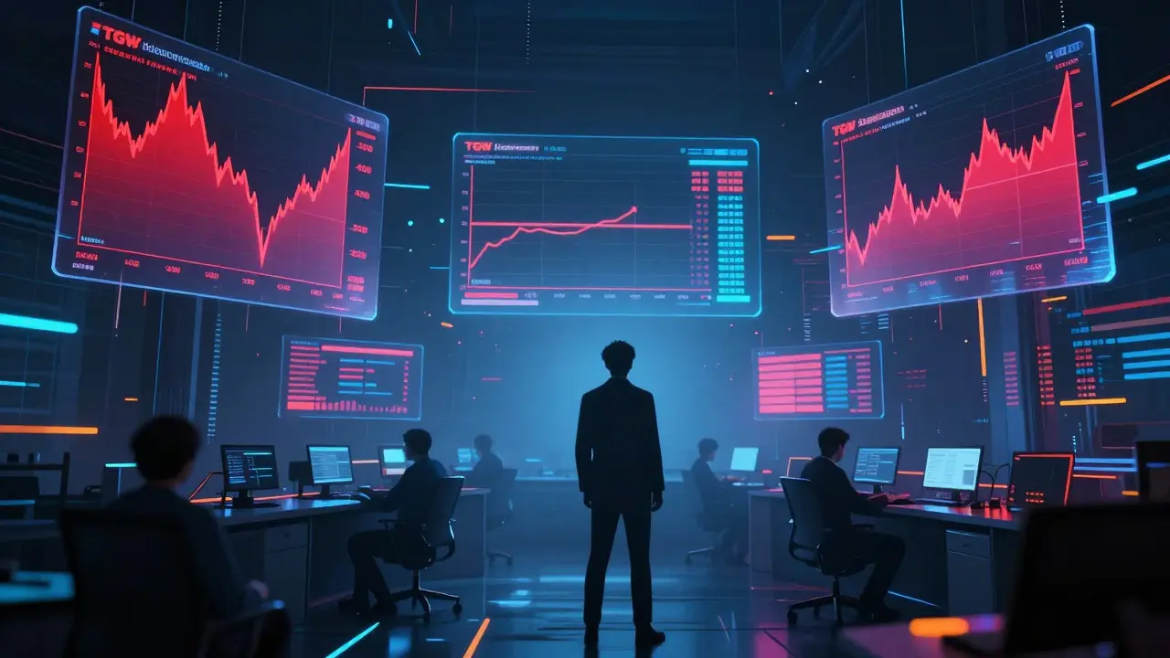 Abstract cyberpunk scene showing conflicting financial data streams surrounding an investor