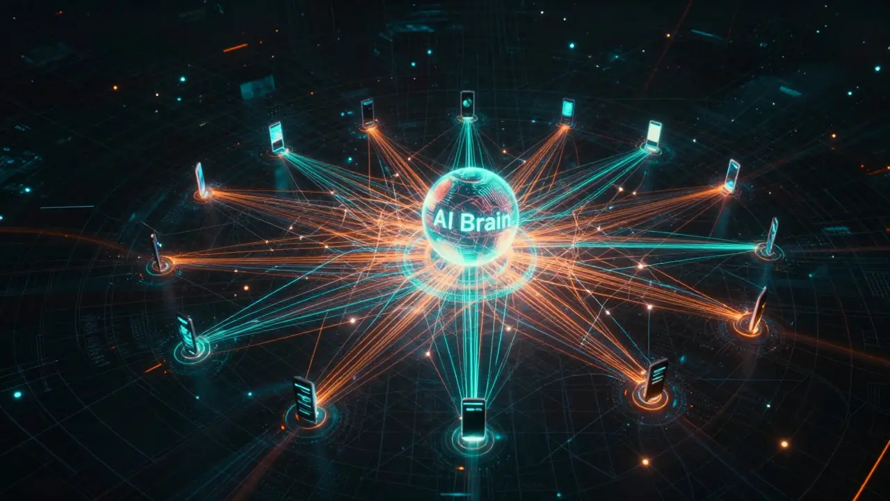 Abstract cyberpunk visualization of a decentralized network connecting many devices