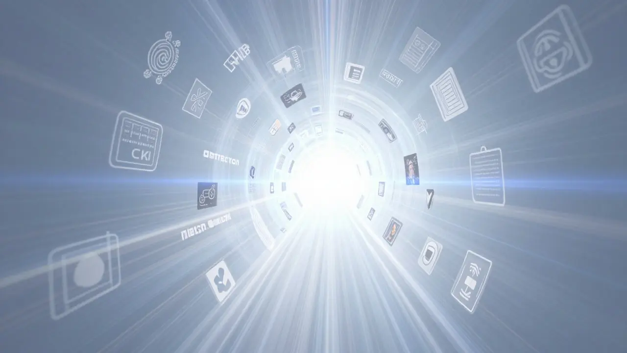 Abstract infinite tunnel of light merging blockchain streams into a single unified beam