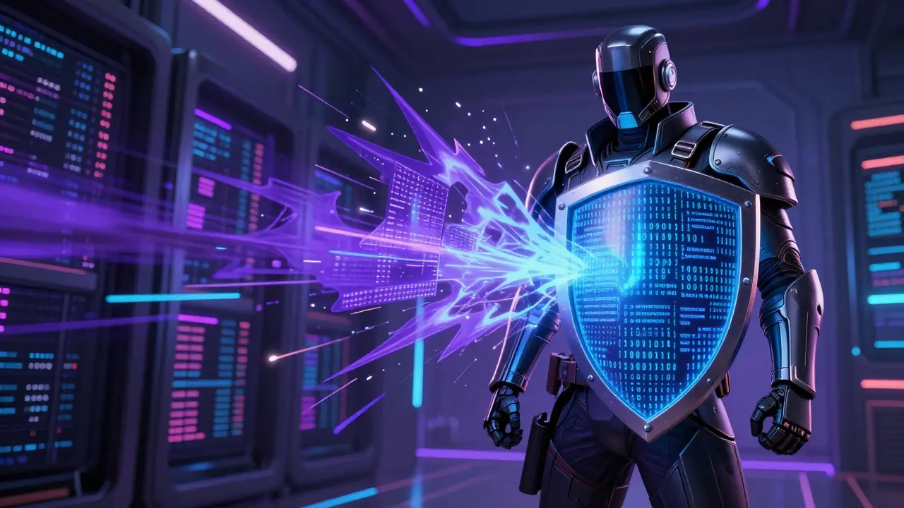 Armored lawyer shielding client from chaotic data streams in cyberpunk style