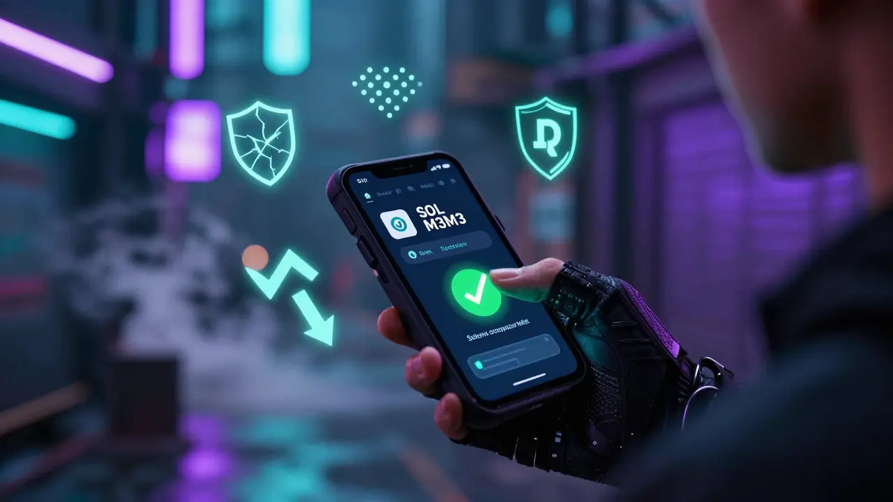 Close-up of a cyberpunk user swapping tokens on a device with floating risk indicators