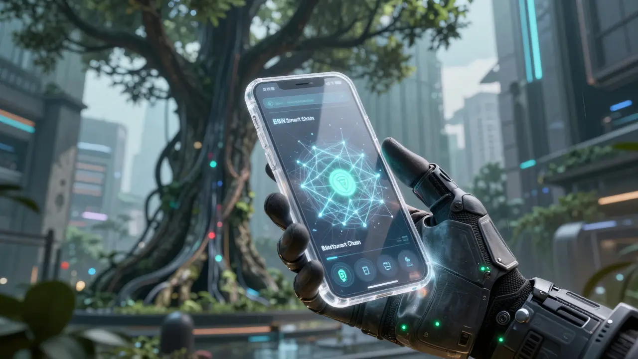 Close-up of a hand holding a device showing blockchain transactions against a tech-nature backdrop
