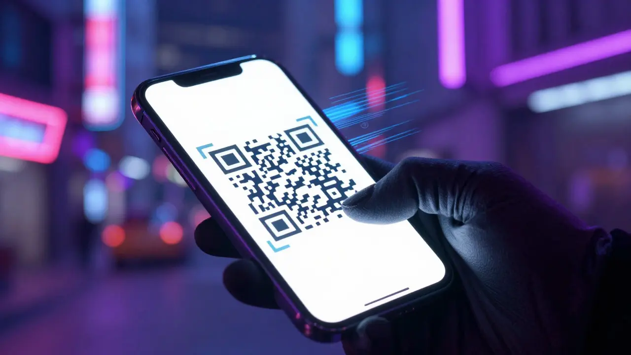 Close-up of a phone scanning a glitching QR code in a cyberpunk setting