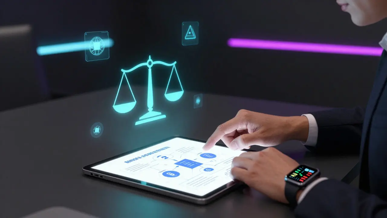 Close up of hands reviewing crypto compliance roadmap on tablet in tech office