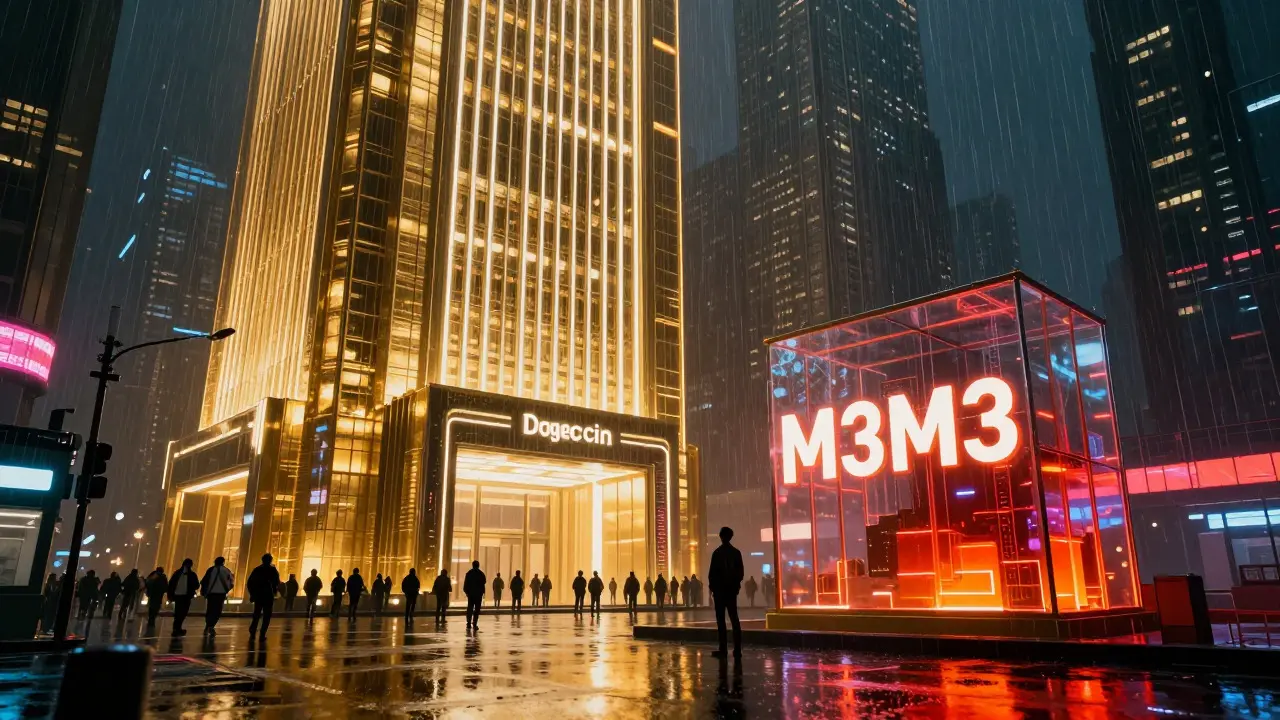 Contrast between a massive gold skyscraper and a small fragile structure in a cyberpunk city