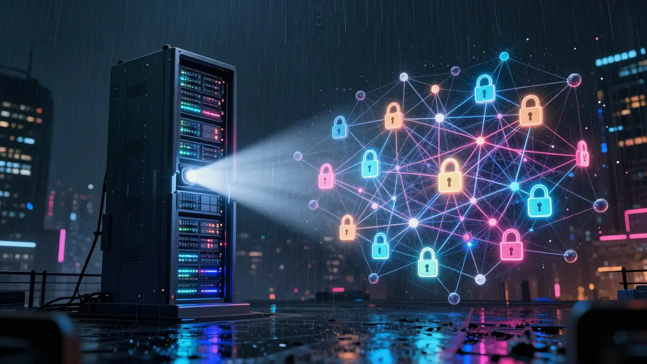 Cyberpunk art contrasting a centralized server tower with a decentralized smart contract web.
