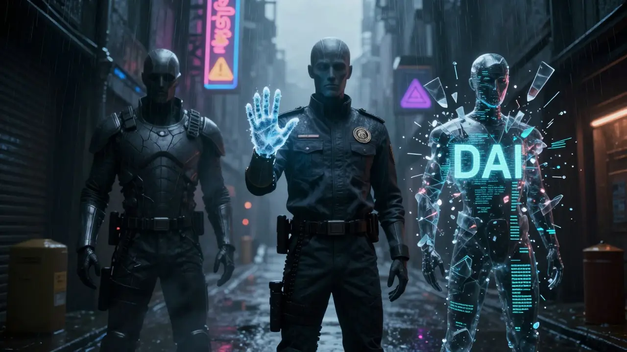 Cyberpunk art showing risk profiles of USDT, USDC, and DAI as digital entities