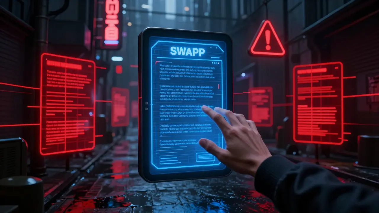 Cyberpunk scene showing crypto user avoiding phishing scam portals