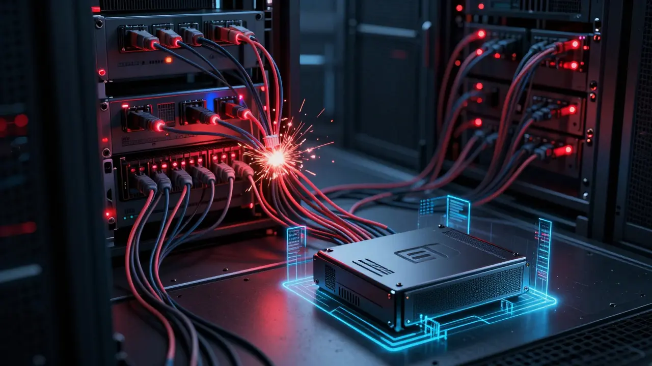 Cyberpunk server rack with pulsing red cables and a protected security module