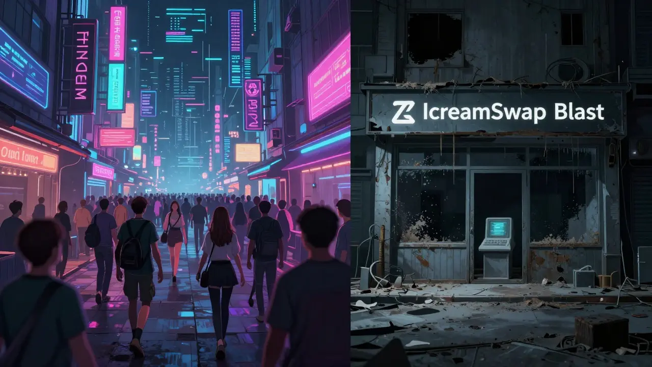 Cyberpunk split view contrasting a busy crypto market with a deserted, dormant exchange terminal.