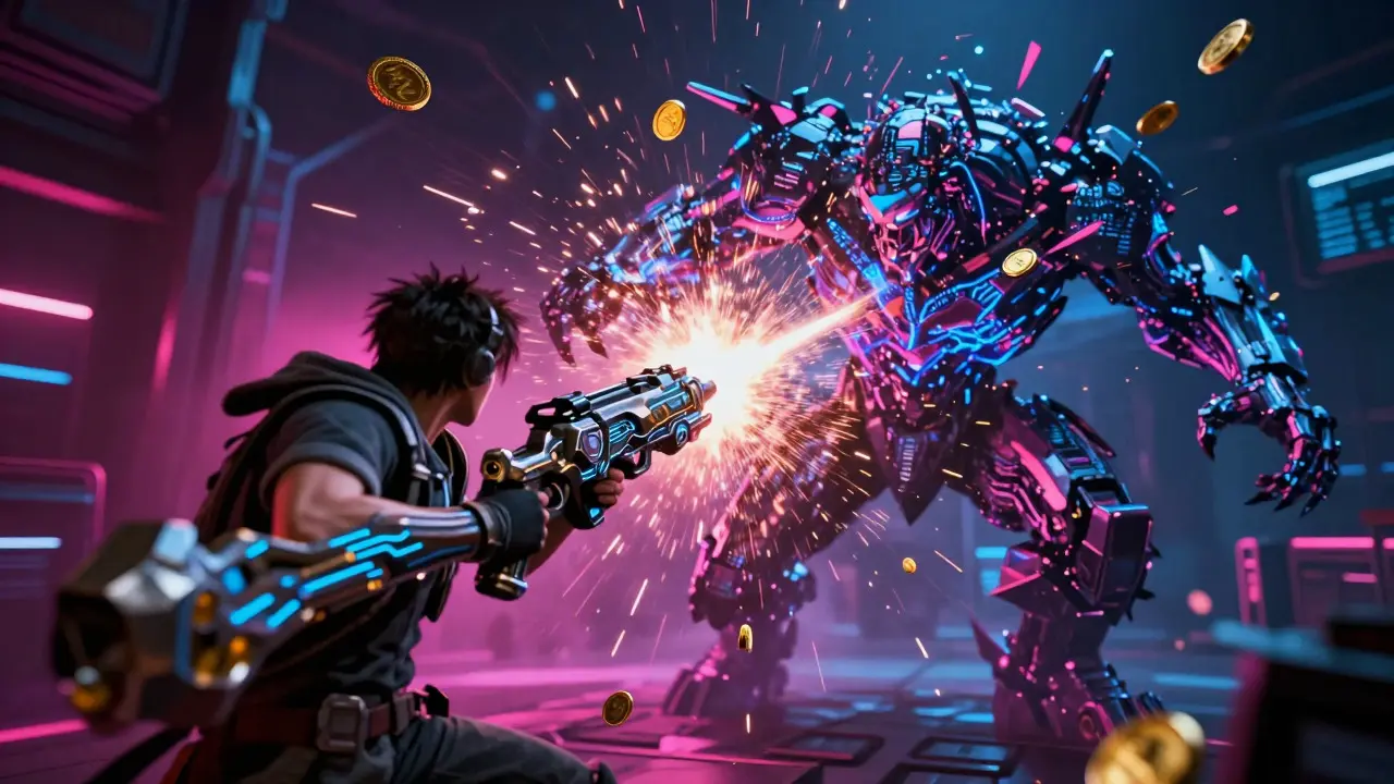 Cyberpunk warrior defeating a digital monster while releasing glowing coin tokens