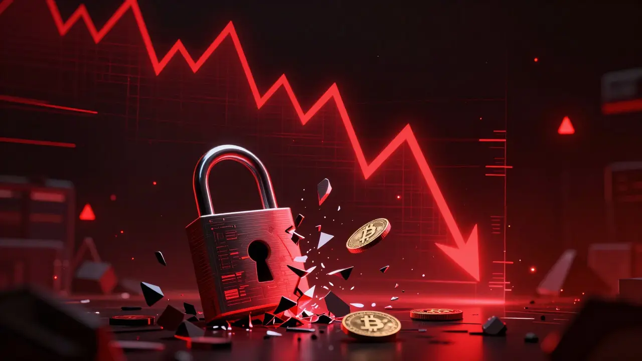 Digital lock breaking as crypto values plummet in a red-tinted cyberpunk scene