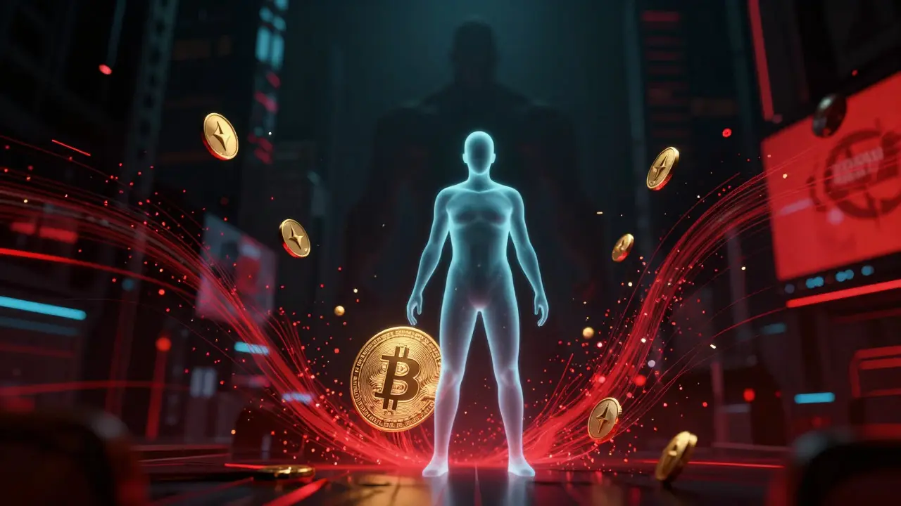 Digital particles draining from a figure representing crypto theft