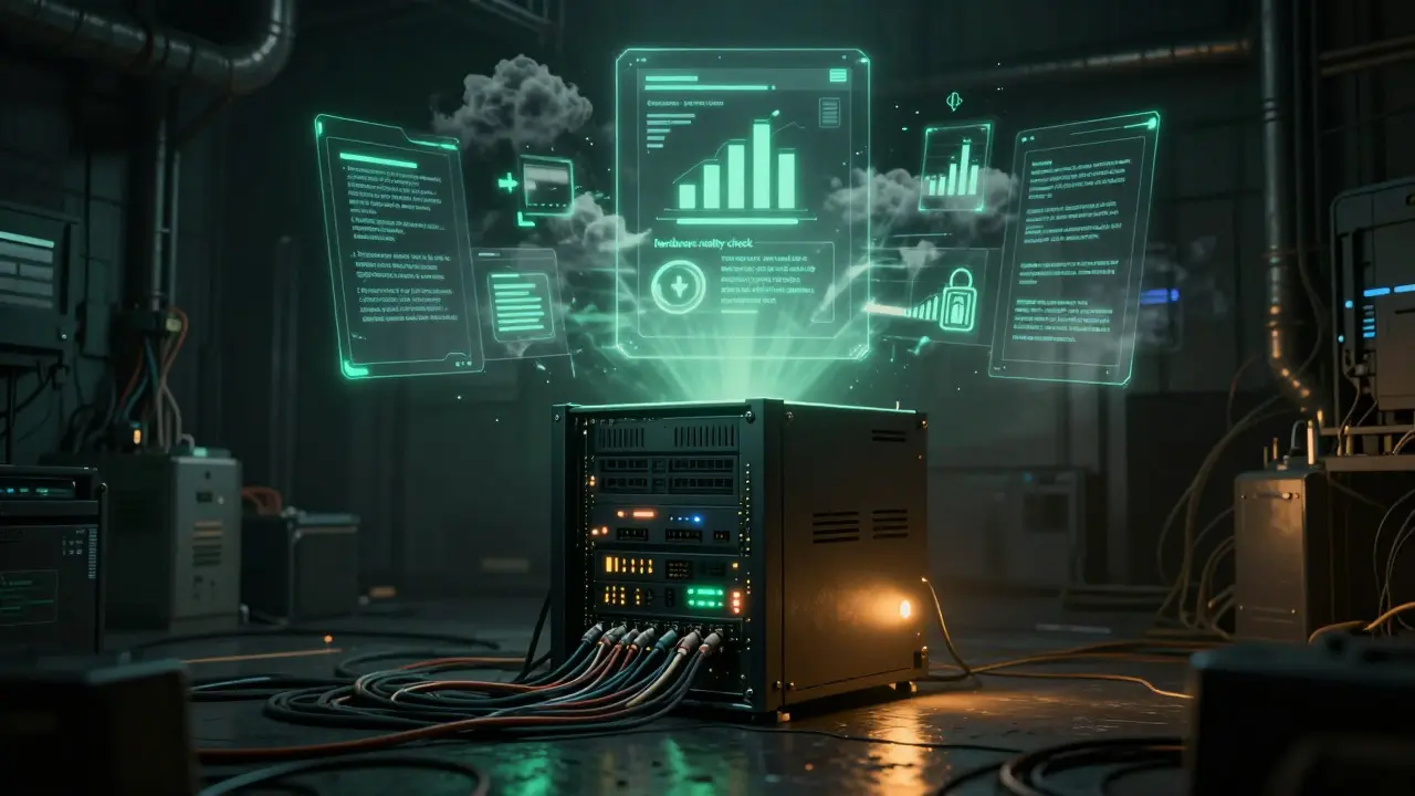 Exposed server node in dark basement surrounded by holographic legal and security warnings.
