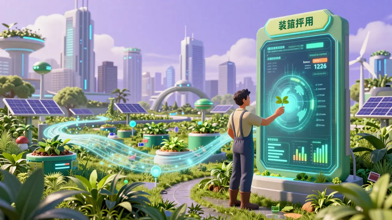 Farmer interacting with a high-tech terminal in a sustainable, futuristic eco-city setting