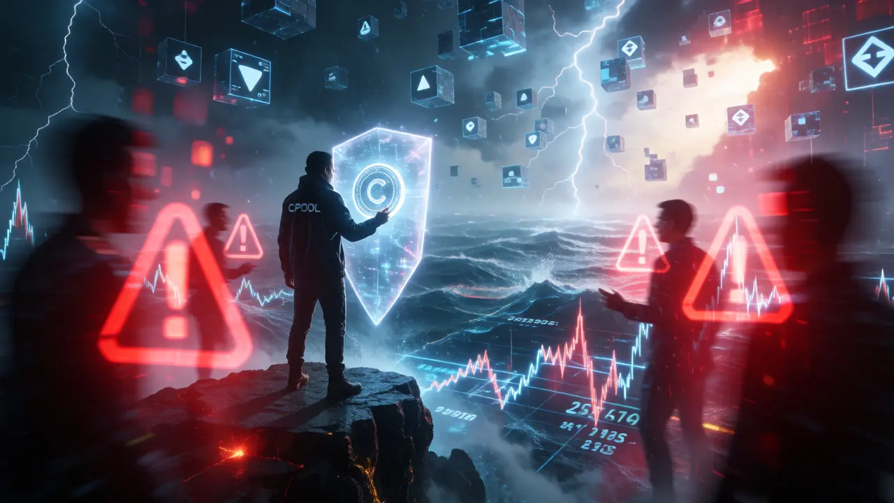 Figure holding CPOOL token shield against digital market risks
