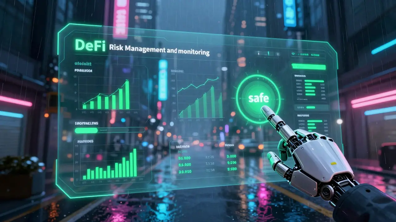 Futuristic AR dashboard monitoring DeFi loan health factors in a neon city