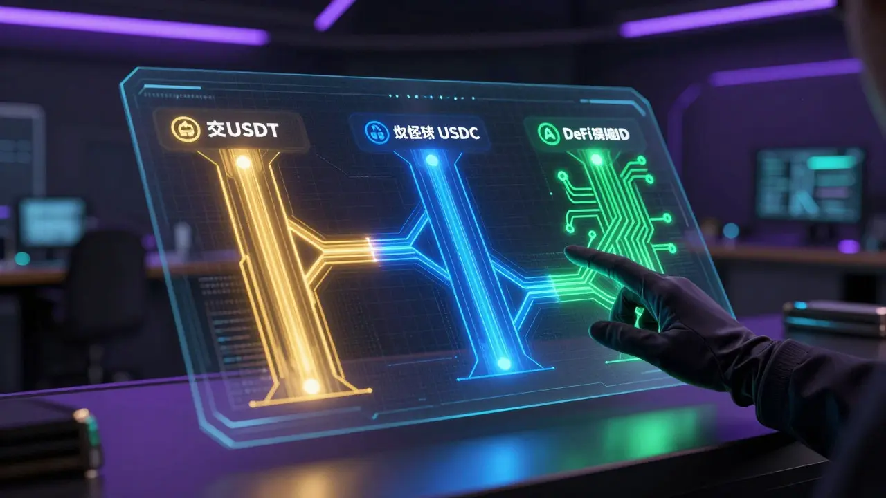 Futuristic cyberpunk UI displaying a multi-stablecoin investment strategy
