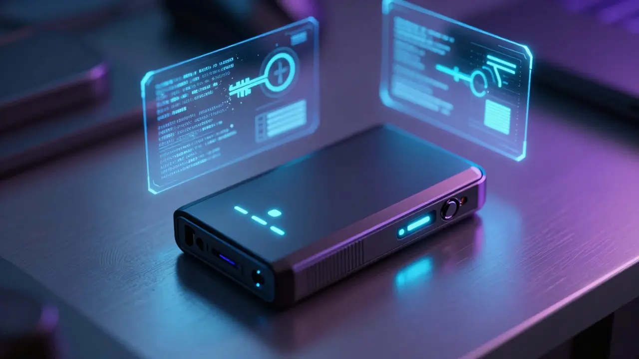Futuristic hardware wallet with glowing holographic security keys nearby
