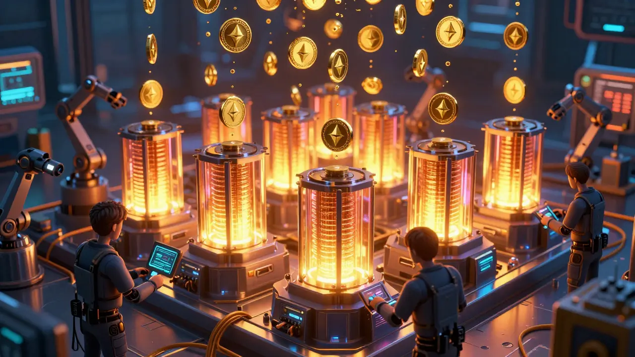 Futuristic mining rigs glowing orange with golden tokens raining down as bonuses
