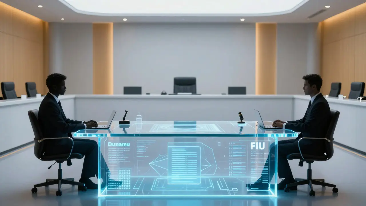 Futuristic regulatory hearing room with holographic data tables