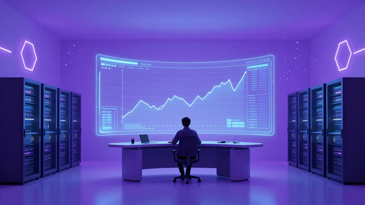 Futuristic trading room with a user viewing stable, flat-line graphs on a curved holographic display