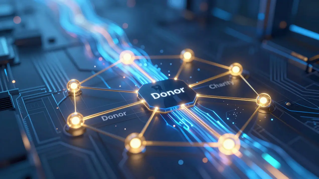 Glowing blockchain network bypassing tax node to connect donor and charity