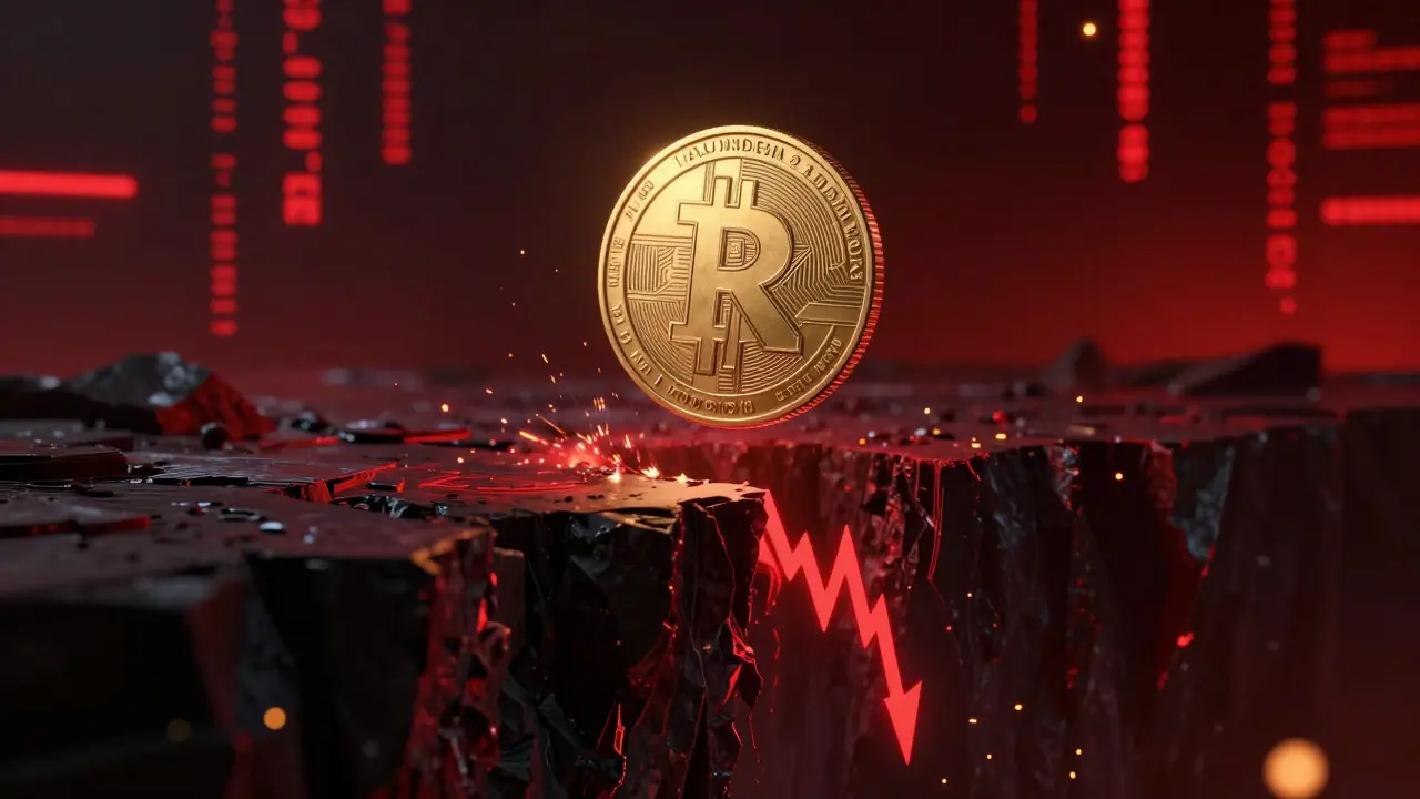 Glowing crypto coin hovering over a dangerous digital abyss