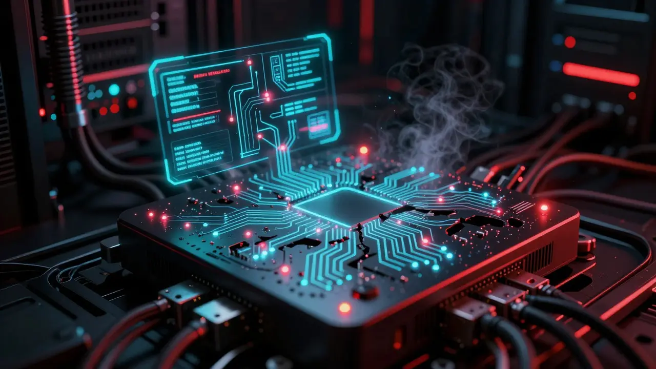 Gritty cyberpunk view of broken AI routing circuits symbolizing empty liquidity pools.