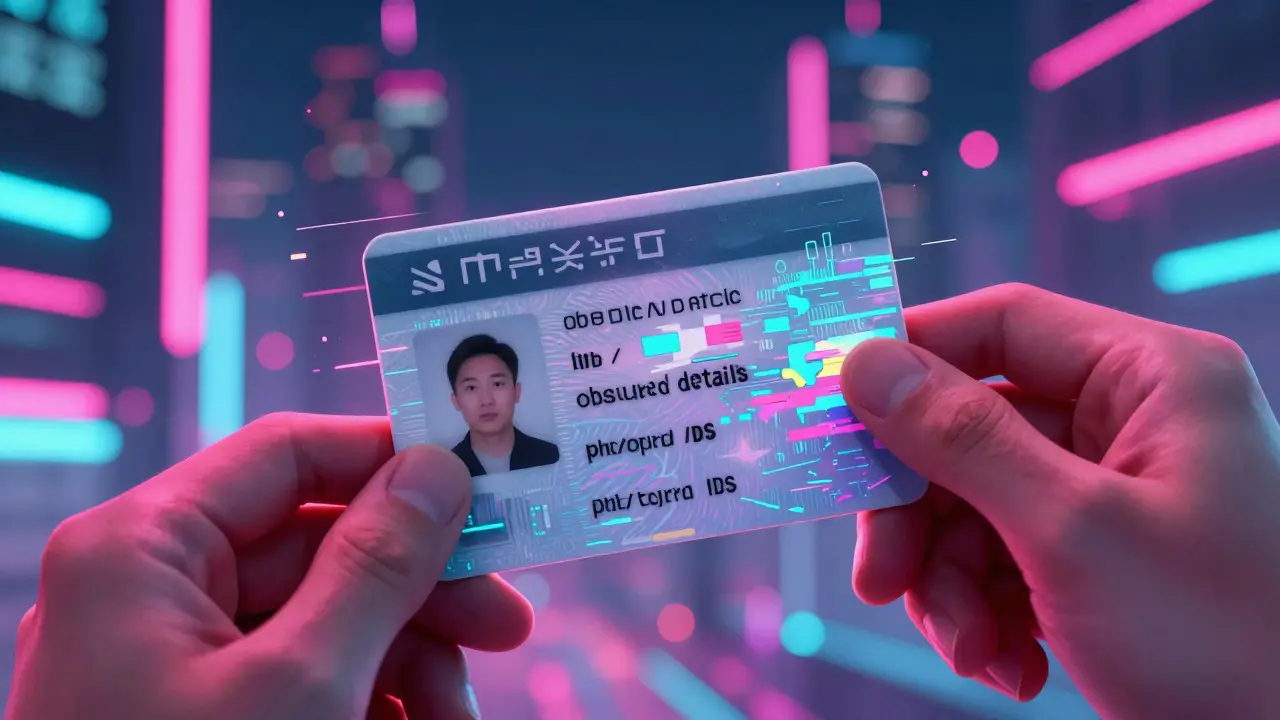 Hand holding a glitching ID card dissolving into digital pixels
