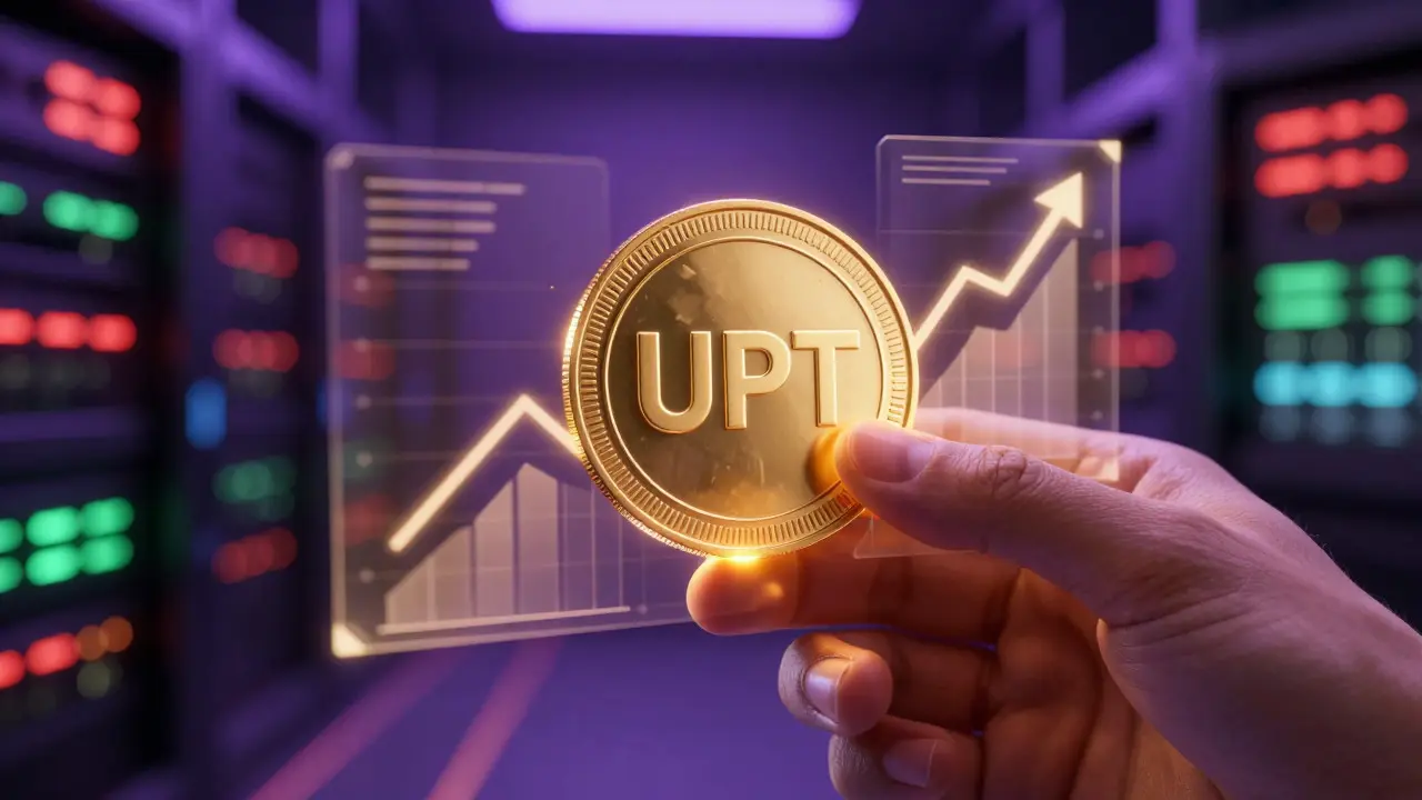 Hand holding a glowing digital coin with financial data overlays in a cyberpunk style