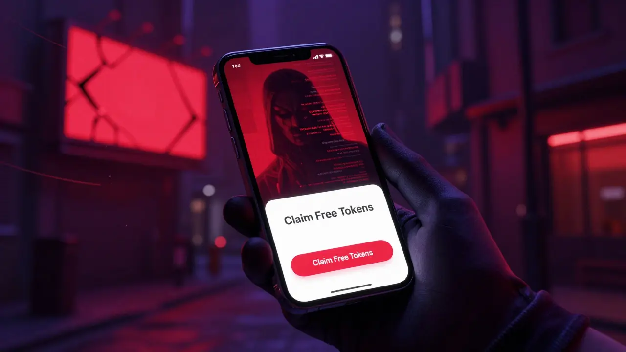 Hand holding a phone displaying a token claim site with a sinister red reflection