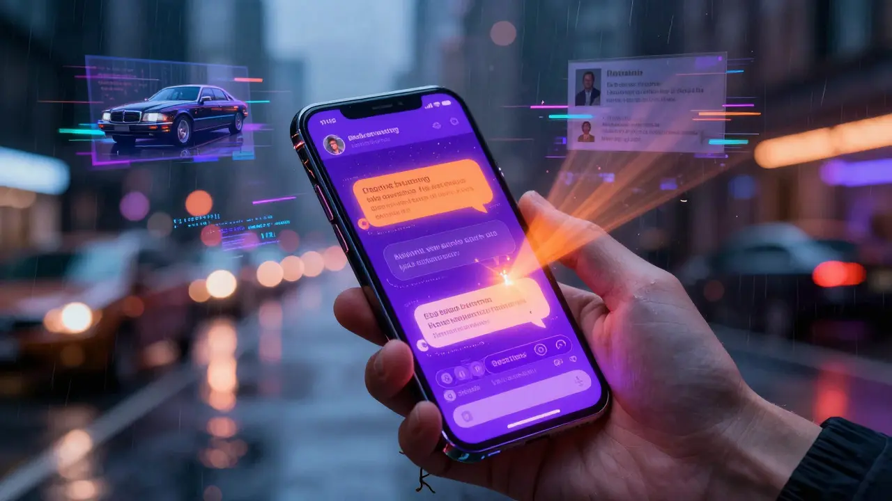 Hand holding a phone with glitchy scam messages in a rainy cyberpunk street