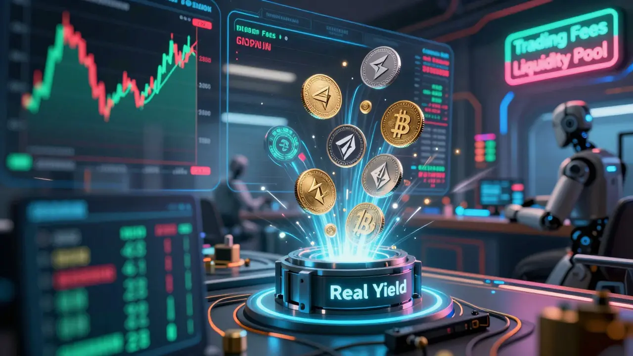 Holographic display showing real yield earnings from trading fees