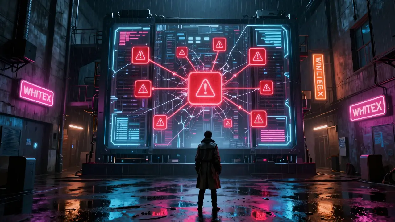 Lone figure observing a broken holographic network in a neon alleyway