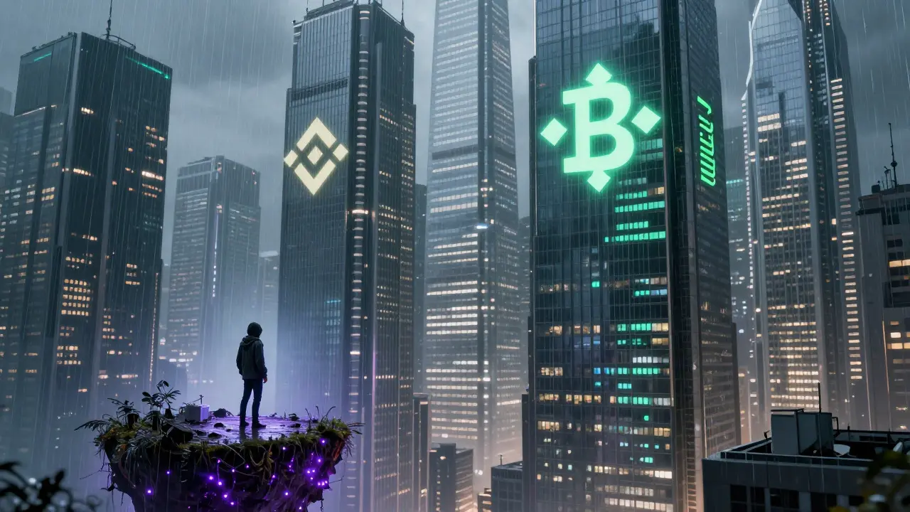 Lone trader on small island facing giant crypto skyscrapers