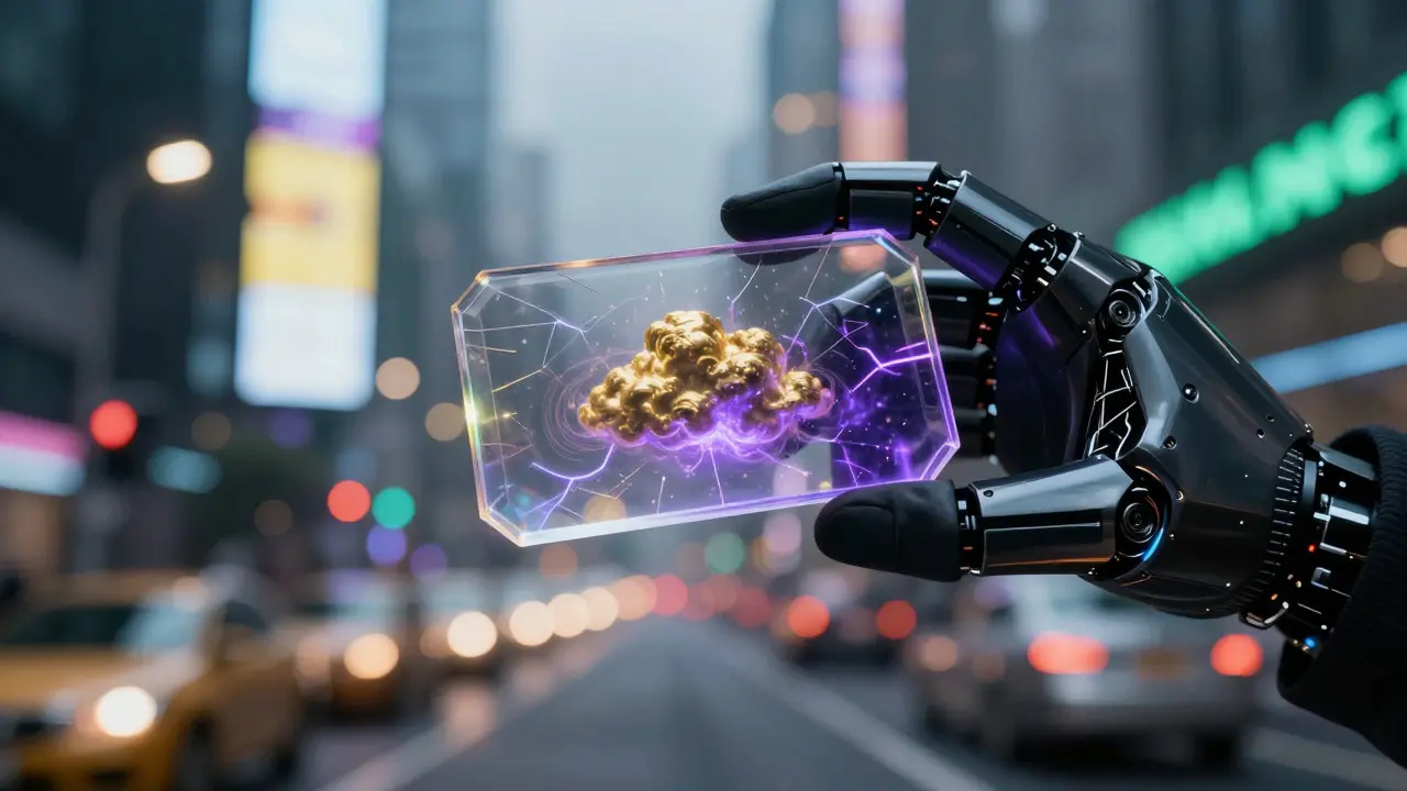 Mechanical hand holding a fractured crystal chip in a futuristic city