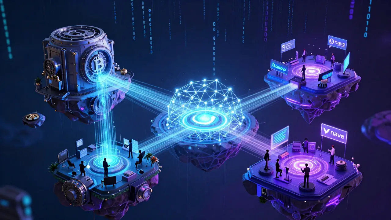 Neon data streams connecting blockchain islands for DeFi trading