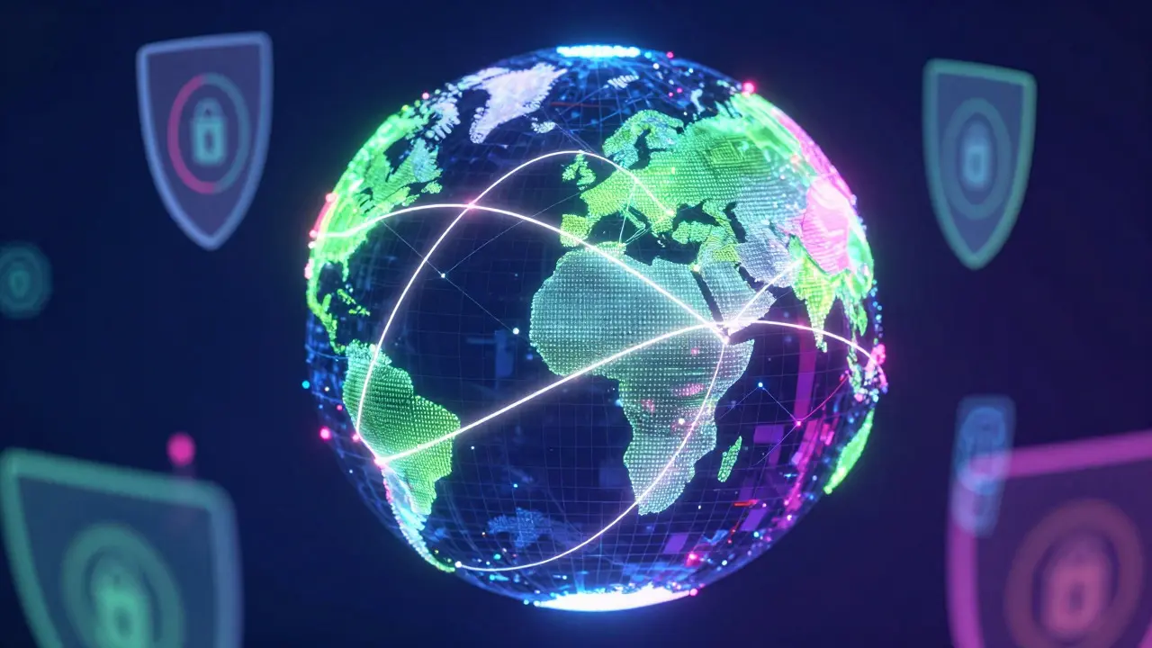 Neon-glowing fragmented globe with light bridges connecting distant nodes, symbolizing cross-border payments