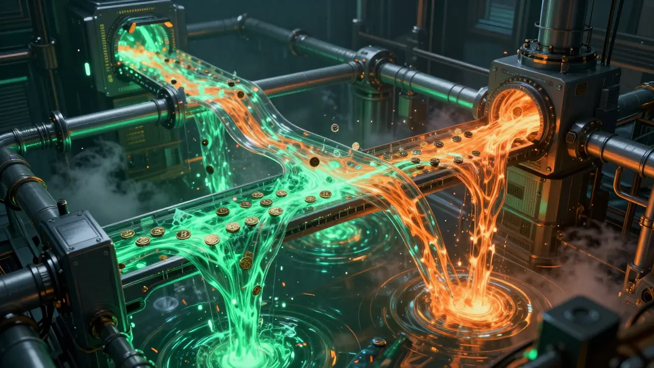 Neon-lit cyberpunk visualization of digital liquidity flowing through complex routing pipes.