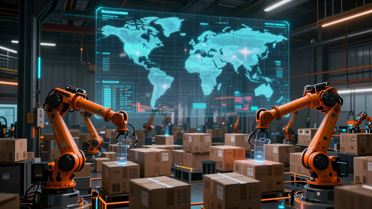 Neon-lit logistics hub with robots sorting goods under a digital blockchain grid overlay