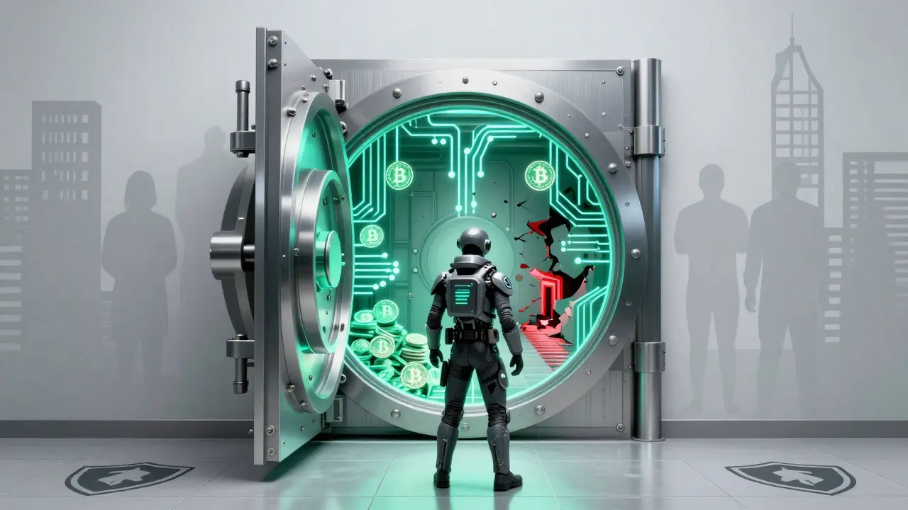 Person with hardware wallet entering a secure, glowing cyberpunk vault