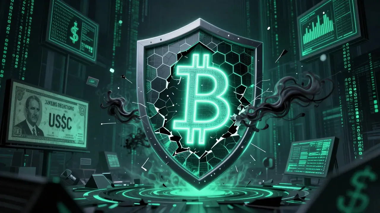 Shattered digital shield leaking crypto assets into a void of code in cyberpunk style