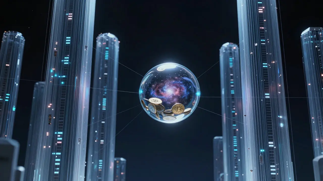 Small glass orb with coins floating near massive data structures in a cyberpunk void
