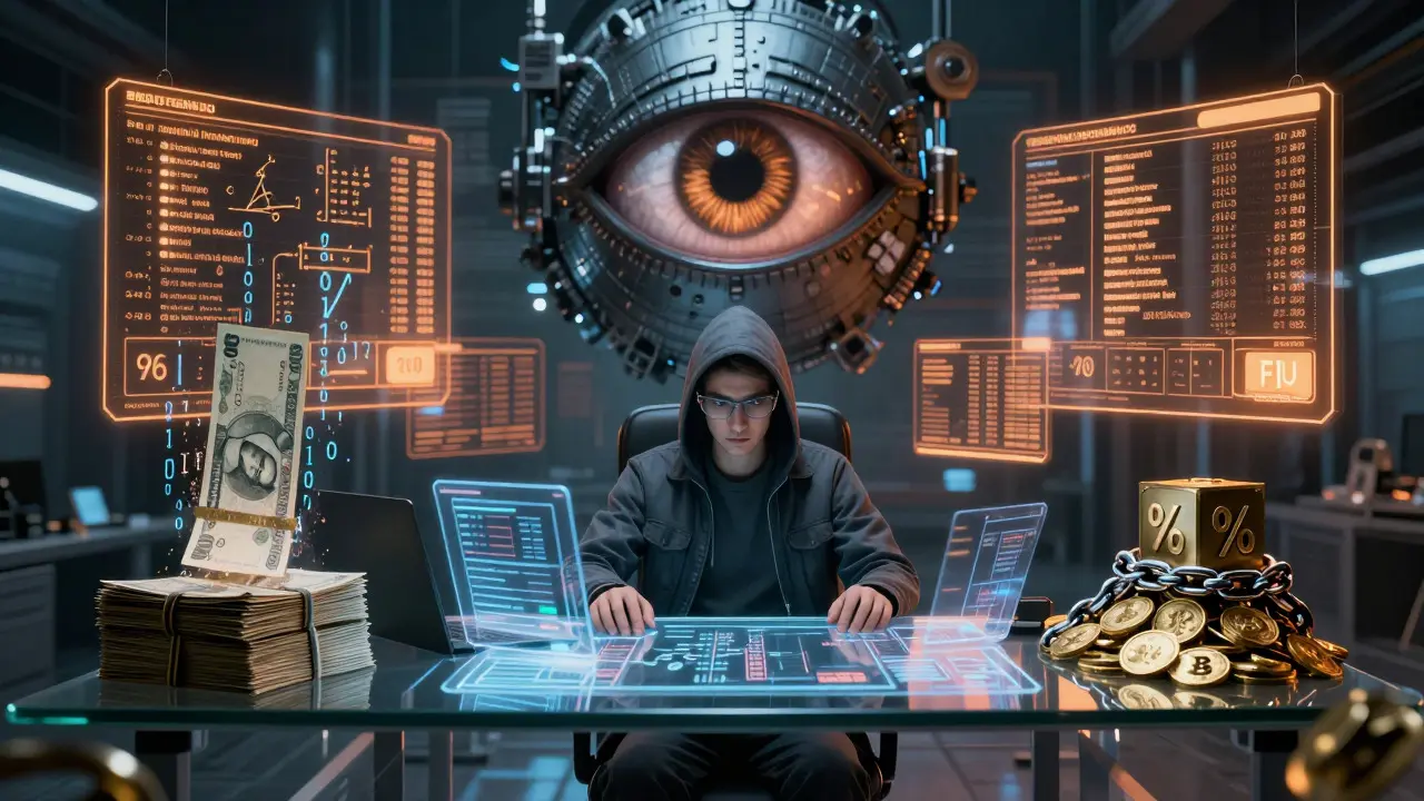 Surveillance theme showing FIU monitoring and complex crypto tax calculations.