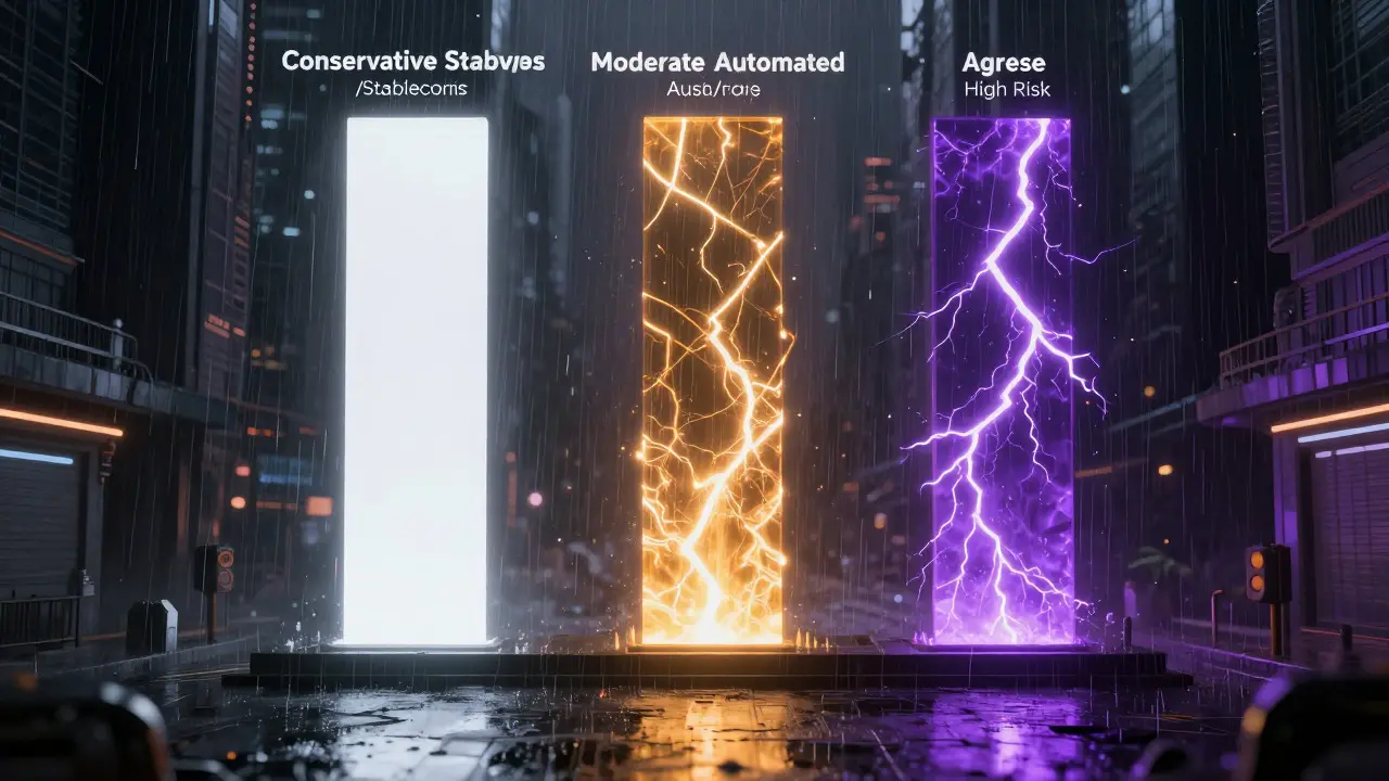 Three glowing pillars representing low, medium, and high risk DeFi strategies